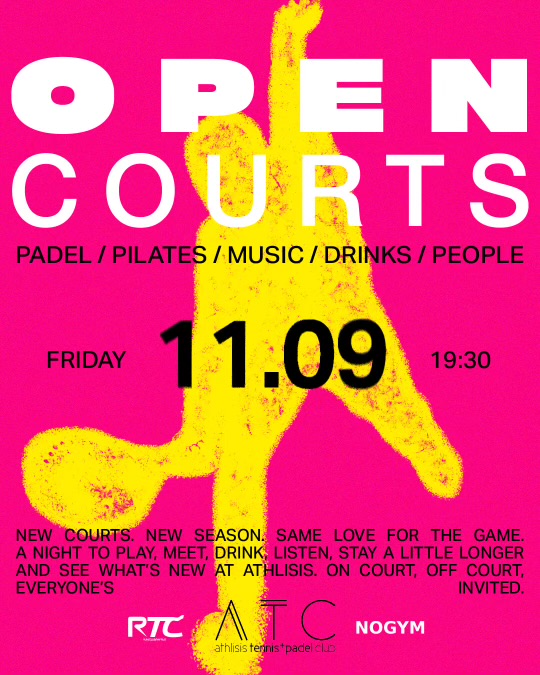 Επίσημη αφίσα Open Courts — Padel, Pilates, Music, Drinks, People